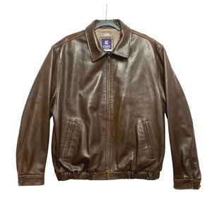 Vintage RL Chaps Bomber Jacket Mens Large Brown Leather Full Zip Plaid Lined 90s